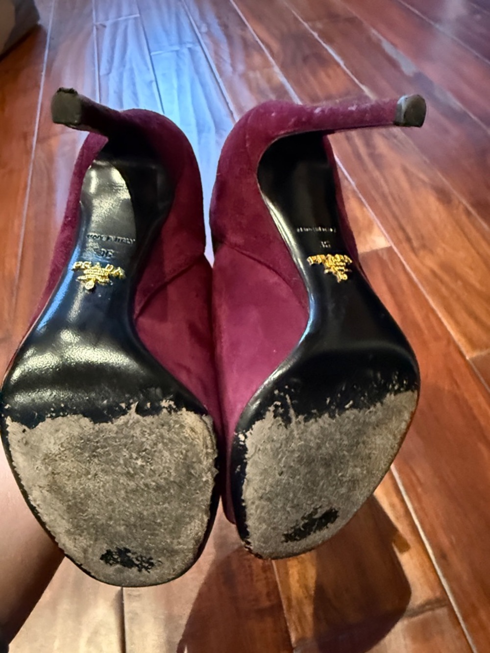 Prada Plum Suede Peep-Toe Stiletto Booties - Picture 5 of 5